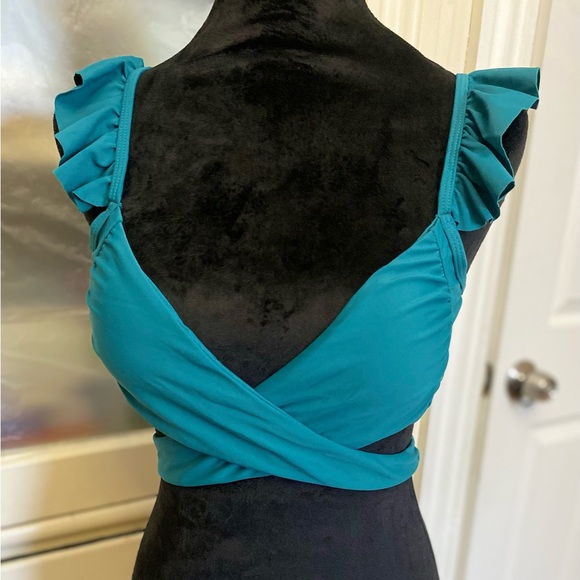 Shekini Teal Bikini Top and Floral Bottoms Cross Wrap Suit, Ruffle Bandage - Picture 1 of 7